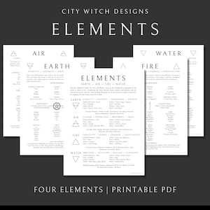 May include: Printable PDF guide to the four elements: Earth, Air, Fire, and Water. Each element is represented by a triangle symbol and a list of keywords, including associated herbs, crystals, and colours.