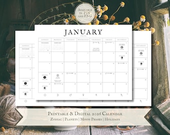 Calendrier sorcière 2026 : astrologie, phases de la lune, sabbats (PDF et PNG imprimables)