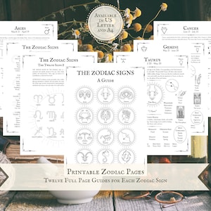 Wydrukowane strony zodiaku, wkładki do Księgi Cieni DIY, materiały do druku dla początkujących czarownic, strony zodiaku Grimoire, pełnostronicowy przewodnik po każdym znaku zodiaku