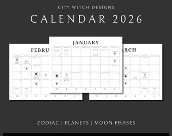 Calendrier sorcière 2026 : zodiaque, phases de la lune, astrologie (PDF imprimable, PNG)