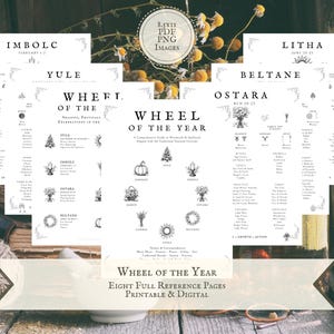 Könnte beinhalten: Druckbare Referenzseiten des Rad des Jahres mit Illustrationen und Beschreibungen jedes Sabbats. Die acht Seiten umfassen Yule, Imbolc, Ostara, Beltane, Litha, Lammas, Mabon und Samhain.