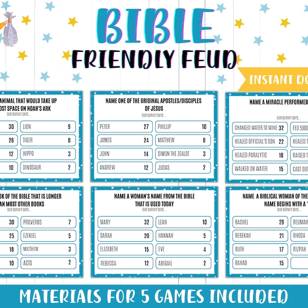 BIBLE FRIENDLY FEUD | Anecdotes bibliques | Soirée jeux | Fun Feud pour la famille | Jeu d'église | Jeu-questionnaire biblique pour adultes et adolescents | Téléchargement instantané