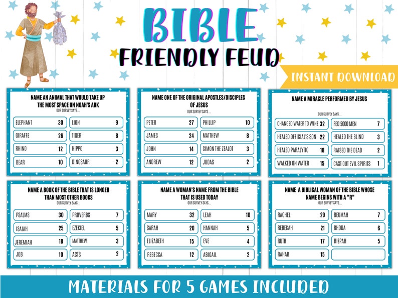 This contains an image of: BIBLE FRIENDLY FEUD | Bible Trivia | Game Night | Fun Feud for Family | Church Game | Bible Trivia for Adults and Teens | Instant Download