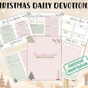Pode incluir: Um planejador diário de devoção de Natal imprimível com um esquema de cores rosa e verde. O planejador inclui páginas para reflexões diárias, diário de gratidão, um planejador mensal e um quadro de visão. A capa apresenta uma árvore de Natal e ornamentos.