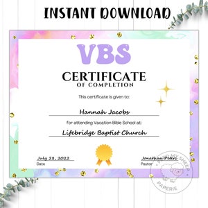 Bearbeitbares VBS-Zertifikat | Ferienbibelschule Abschlusszertifikat | VBS Summer Camp Zertifikat | Sofort Download