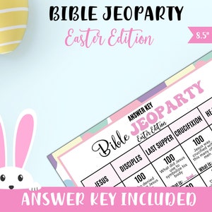 May include: A printable Bible Jeopardy game board with a pink and white Easter theme. The game board is divided into four categories: Disciples, Last Supper, Crucifixion, and He is Risen. Each category has four questions with point values of 100 and 200. The game board is 8.5 inches by 11 inches and is a PDF file.