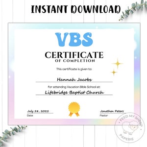 VBS Zertifikat | Ferienbibelschule Abschlusszertifikat | Bearbeitbare druckbare Vorlage | Sofort Download 11 &quot;x 8,5&quot;