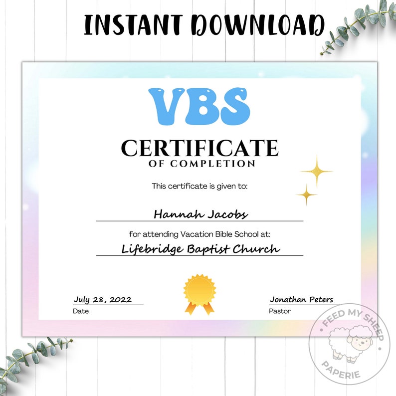 VBS Certificate of Completion: Editable Printable Template (instant ...