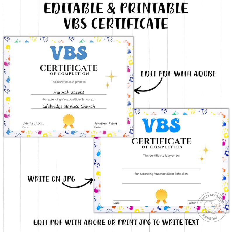 VBS Certificate | VBS Vacation Bible School Certificate of Completion ...