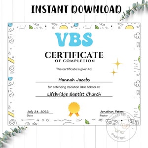 VBS Sommercamp | VBS Zertifikat | VBS Ferienbibelschule Abschlusszertifikat | Sofort Download 11 &quot;x 8,5&quot;