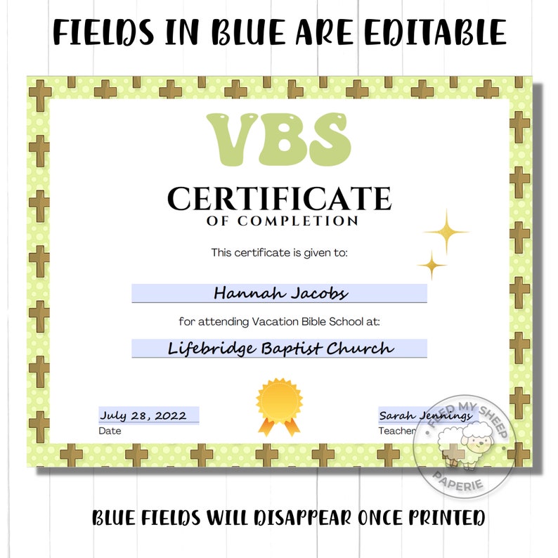 VBS Certificate of Completion: Editable Printable Template (instant ...