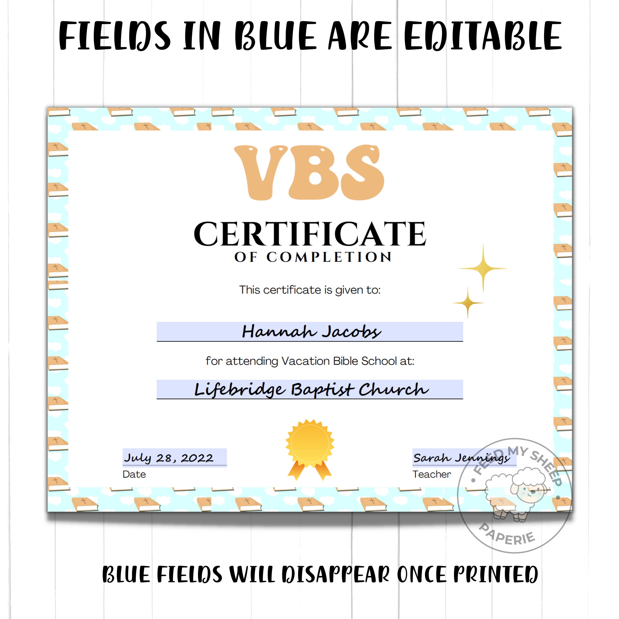 VBS Certificate of Completion: Editable Printable (instant Download) - Etsy