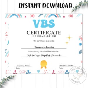 VBS Ferienbibelschule Abschlusszertifikat | VBS Zertifikat | Urlaub Bibel Schule Vorlage | Sofort Download 11 &quot;x 8,5&quot;