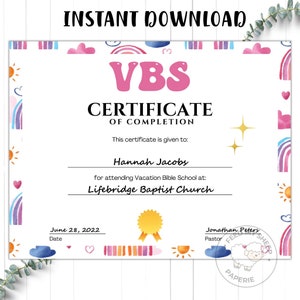 Bearbeitbares druckbares VBS-Zertifikat | VBS Ferienbibelschule Abschlusszertifikat | VBS Summer Camp Zertifikat