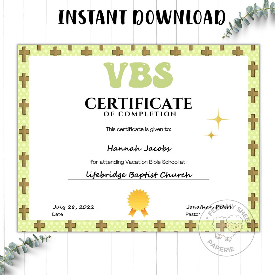 VBS Certificate of Completion: Editable Printable Template (instant ...