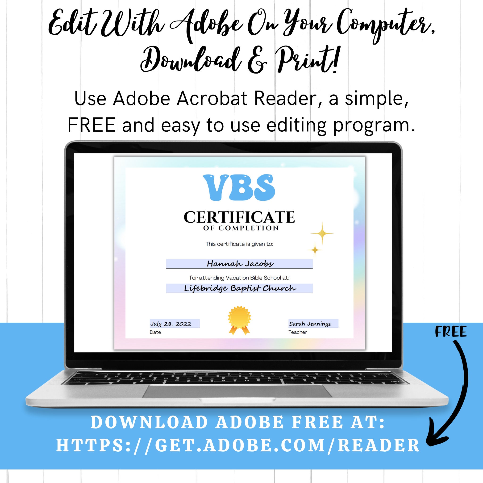 VBS Certificate of Completion: Editable Printable Template (instant ...
