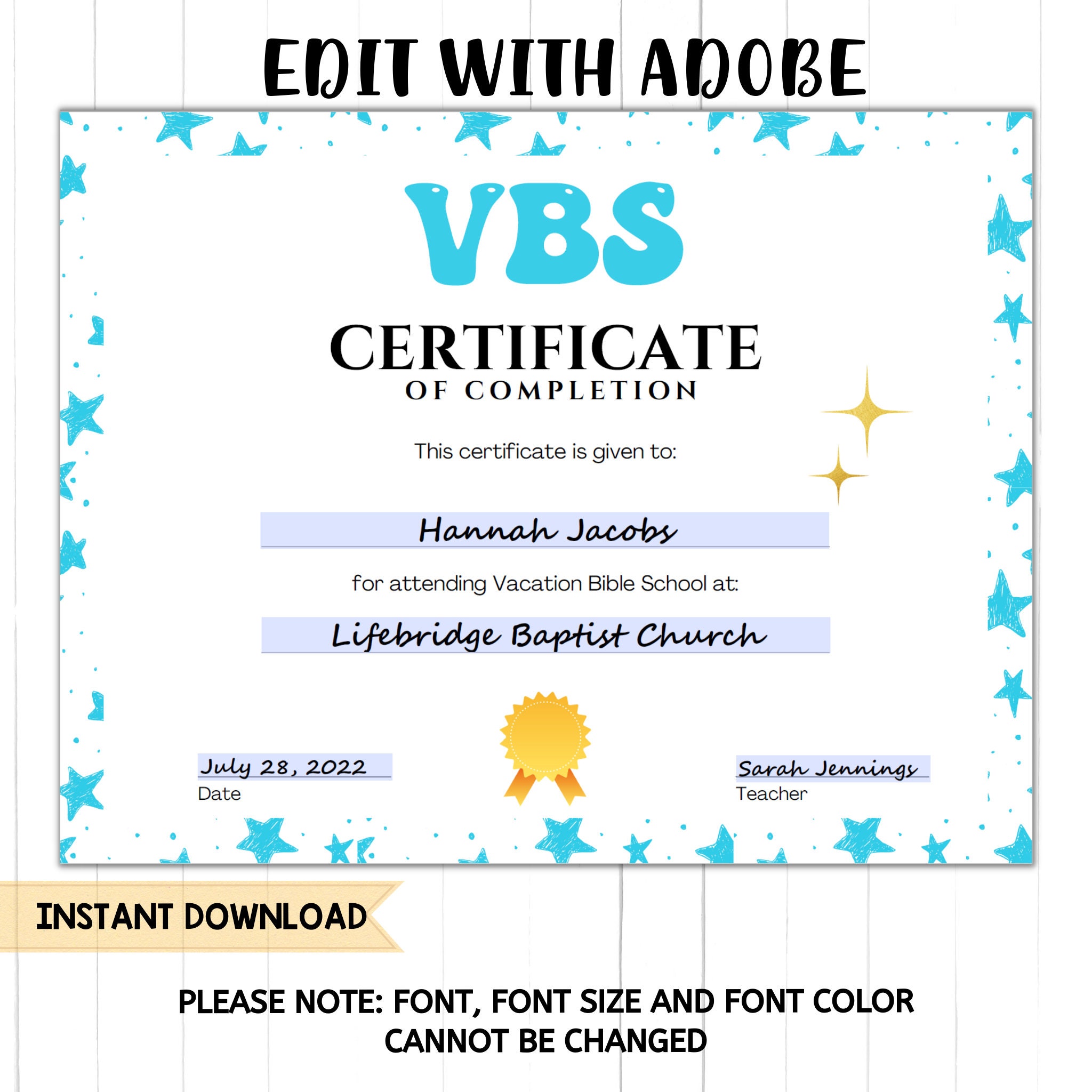 VBS Certificate of Completion: Editable Printable (instant Download) - Etsy