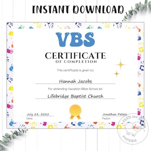 VBS Zertifikat | VBS Ferienbibelschule Abschlusszertifikat | Sofort Download 11 &quot;x 8,5&quot;
