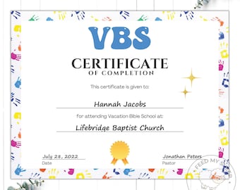 VBS Certificate of Completion: Editable Vacation Bible School Template (Digital Download)