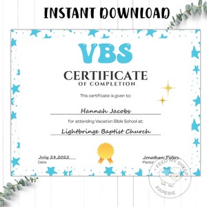 Sofortiger Download VBS Zertifikat | Ferienbibelschule Abschlusszertifikat | VBS Summer Camp Zertifikat