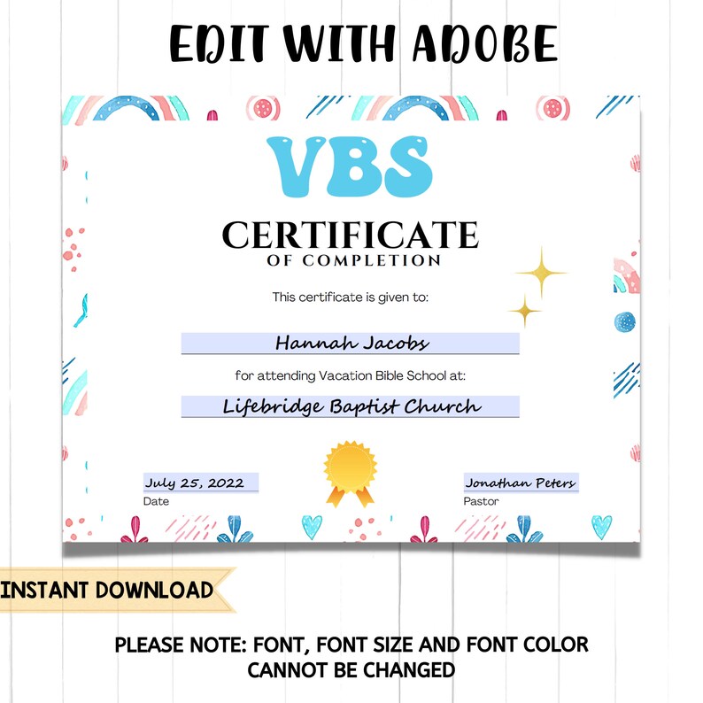 VBS Vacation Bible School Certificate of Completion | VBS Certificate ...