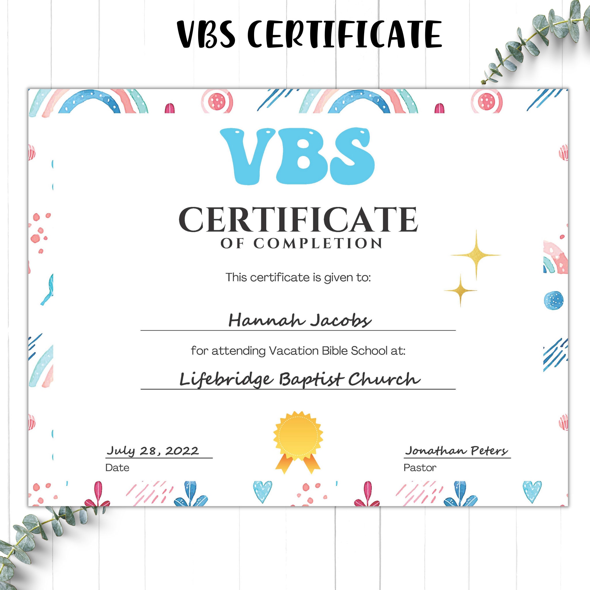 VBS Vacation Bible School Certificate of Completion VBS Certificate ...