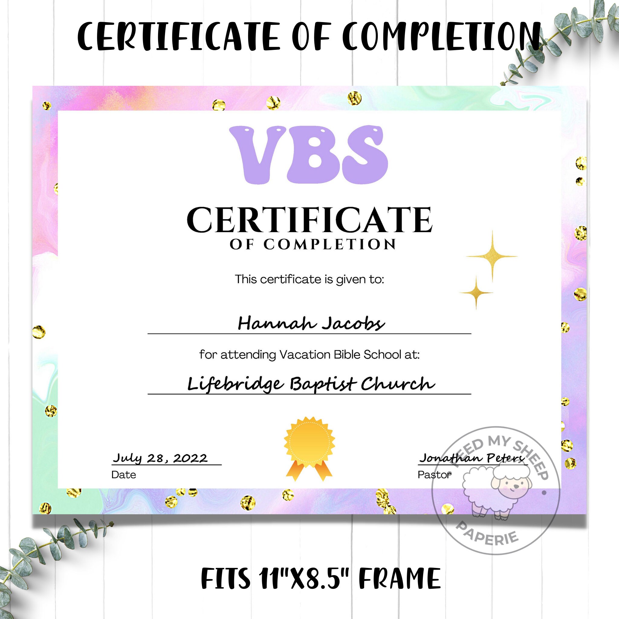 Editable VBS Certificate of Completion: Printable Template (instant ...