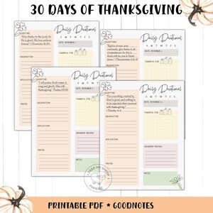 May include: Printable 30-day daily devotional journal with a Thanksgiving theme. Each page features a scripture quote, space for observation, application, prayer, and a section for gratitude. The journal has a light peach background with a floral design and a cute sheep illustration.