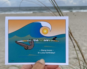 Tarjeta de cumpleaños de un perezoso surfista; Tarjeta para adultos y niños; Tarjeta de cumpleaños infantil; Tarjeta de perezoso; Tarjeta de cumpleaños para surfistas; Tarjeta de cumpleaños playera
