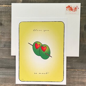 Cute Anniversary or Birthday Card for him or her; Card for the martini lover; "Olive You So Much", Blank Inside