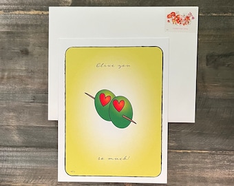 Cute Anniversary or Birthday Card for him or her; Card for the martini lover; "Olive You So Much", Blank Inside