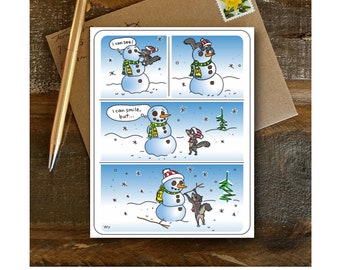 Cute Thank You or All-Occasion Card, Illustrated Squirrel and Snowman, For Adults and Children