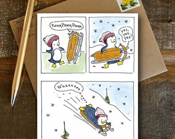 Cute Thank You Card, Penguin and Sled Note Card, Winter scene, for kids or adults