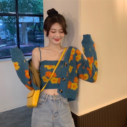 Flower Print Cropped Cardigan Women Korean Fashion Casual Blue - Etsy