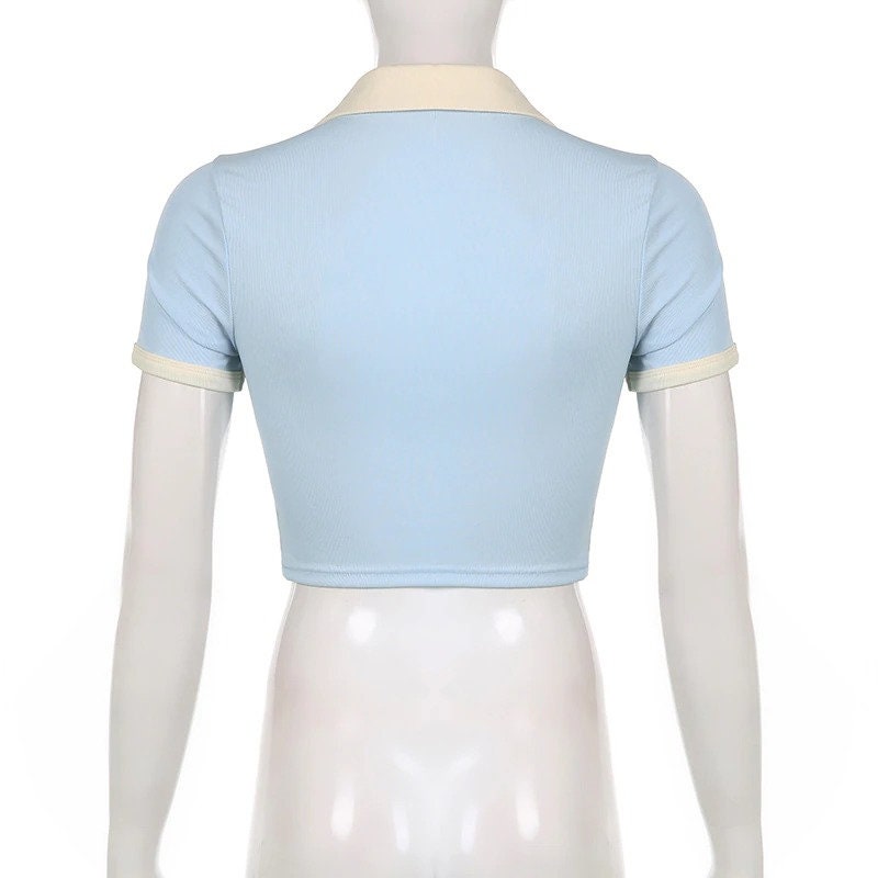 Lace Trim Crop Top Y2k Button Zipper T Shirt Blue Patchwork - Etsy