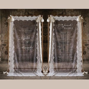 May include: Two rectangular clear acrylic wedding signs framed in copper, draped with white lace fabric and tied with white ribbons. The left sign reads Welcome to the Wedding, Angelica & Alexander, 14 December 2026. The right sign reads Our Favorite People.