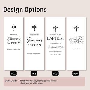 May include: Four vertical rectangular white signs labeled #C1, #C2, #C3, and #C4, each featuring a black cross icon and text for baptism events. The text includes names like Genevieve and Rebecca Miles, dates, and the phrase God Bless. A color guide is at the bottom.