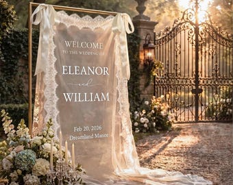 Sheer Lace Wedding Welcome Sign, Romantic Tulle Banner, Personalized Reception Decor