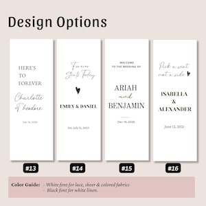 May include: Four vertical rectangular wedding sign design options labeled 13 through 16. Each white sign features black text with names, dates, and phrases like Here's to Forever, Forever Starts Today, Welcome to the Wedding of, and Pick a seat, not a side.