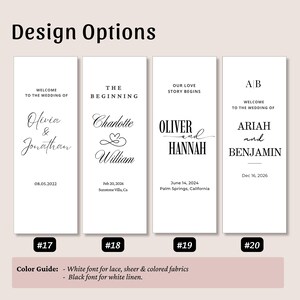 May include: Four vertical white rectangular wedding sign templates labeled #17, #18, #19, and #20. Each features black text with names, dates, and locations. A color guide at the bottom specifies white font for lace, sheer, and colored fabrics, and black font for white linen.