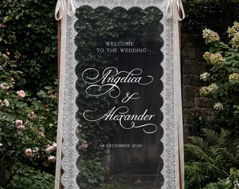 Personalized Romantic Lace Wedding Welcome Sign, Sheer Tulle Fabric Banner, Bridal Shower Decor