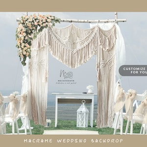 May include: A white macrame wedding backdrop with a birch branch archway and a floral garland. The backdrop is hanging from the archway and is decorated with white tassels. The text "CUSTOMIZE SIZE FOR YOU" is visible in the image.