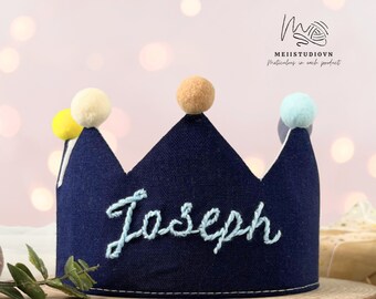 Birthday Crown Boy, Birthday Crown Toddler, Cake Smash Hat, Hand Embroidered Crown, Linen Birthday Crown, First Birthday Hat Boy