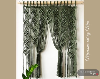 Macrame Leaf Curtain, Boho Doorway Hanging, Green Wall Art