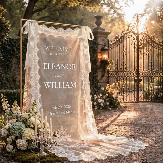 Sheer Lace Wedding Welcome Sign, Romantic Tulle Banner, Personalized Reception Decor