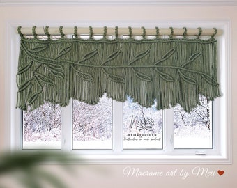 Macrame Window Valance, Green Leaf Curtain, Boho Wall Hanging