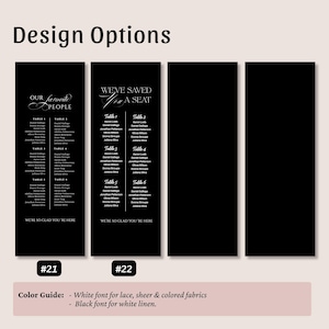 May include: Four vertical black rectangular signs with white text. Two signs display seating charts with headers OUR FAVORITE PEOPLE and WE'VE SAVED YOU A SEAT, listing names under tables 1-6. The bottom text reads WE'RE SO GLAD YOU'RE HERE.
