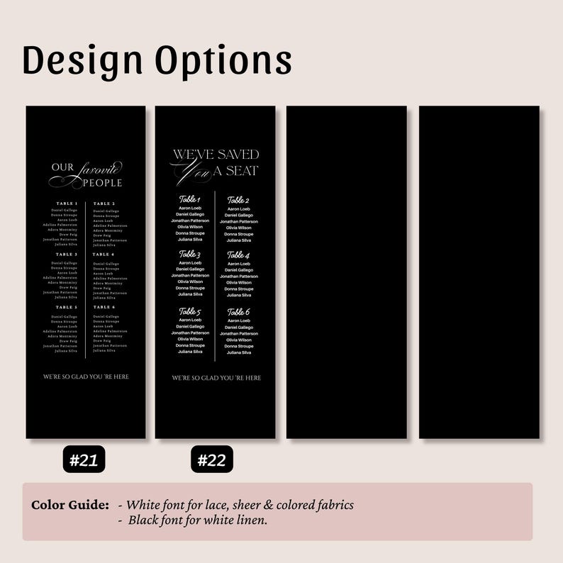 May include: Four vertical black rectangular signs with white text. Two signs display seating charts with headers OUR FAVORITE PEOPLE and WE'VE SAVED YOU A SEAT, listing names under tables 1-6. The bottom text reads WE'RE SO GLAD YOU'RE HERE.