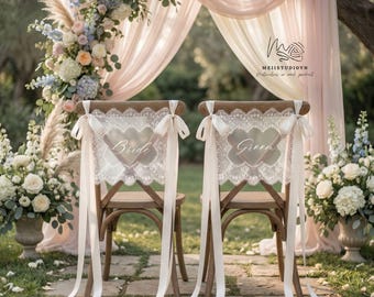Personalized Lace Wedding Chair Signs, Bride Groom Decor, Sheer Fabric Sweetheart Table Sign