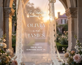 Personalized Romantic Lace Wedding Banner, Boho Chic Tulle Welcome Sign